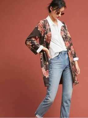 Anthropologie Solitaire Floral Long Faux Suede Jacket size large